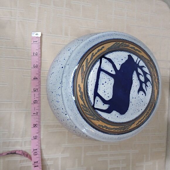Asian Splatter Pottery Blue White Elk LidPot Jar Crock 7" Primitive Rustic Decor - Picture 7 of 7